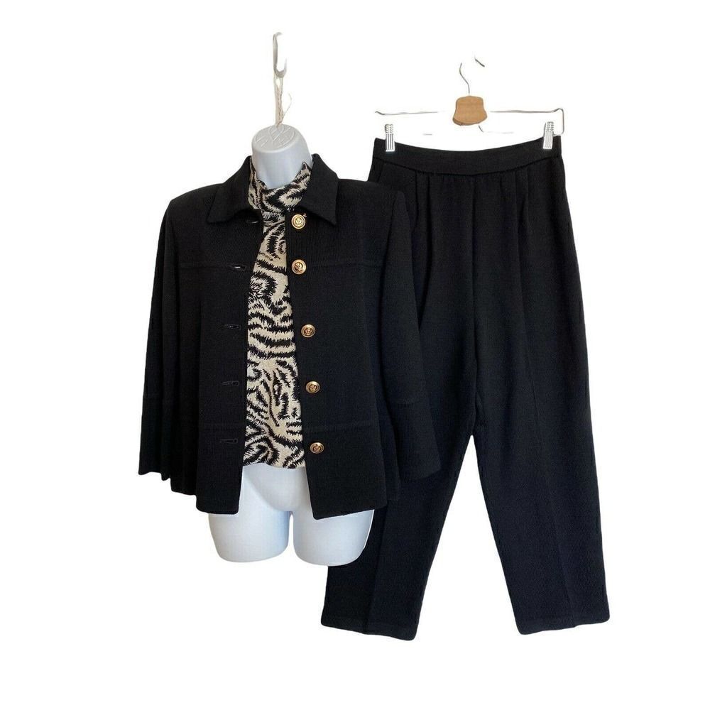 ST. JOHN Basics Blk Blazer Jacket Crop Pant Suit Santana Knit 3 piece Sz 6 10 S